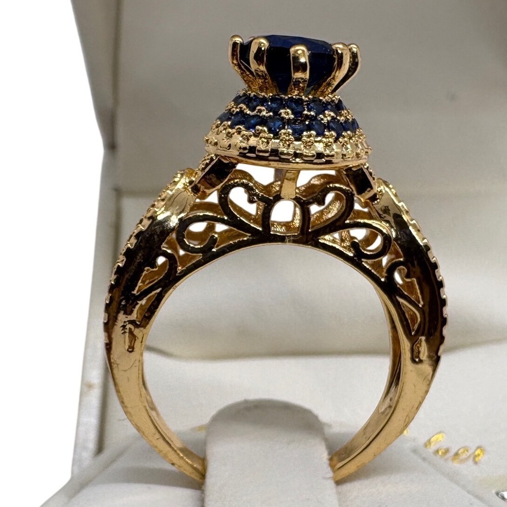 Gold‎ Plated Blue Cubic Zirconia Filigree Crown Statement Ring Size 6.75